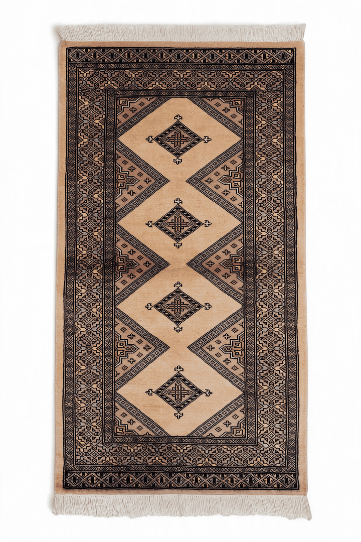 Cream Beige Pakistani Jaldar Rug, gul design, hand-knotted, 80×130cm