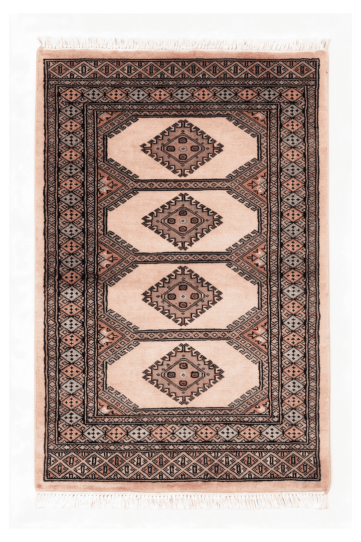 Cream Pakistani Jaldar Rug, gul design, hand-knotted, 78×125cm