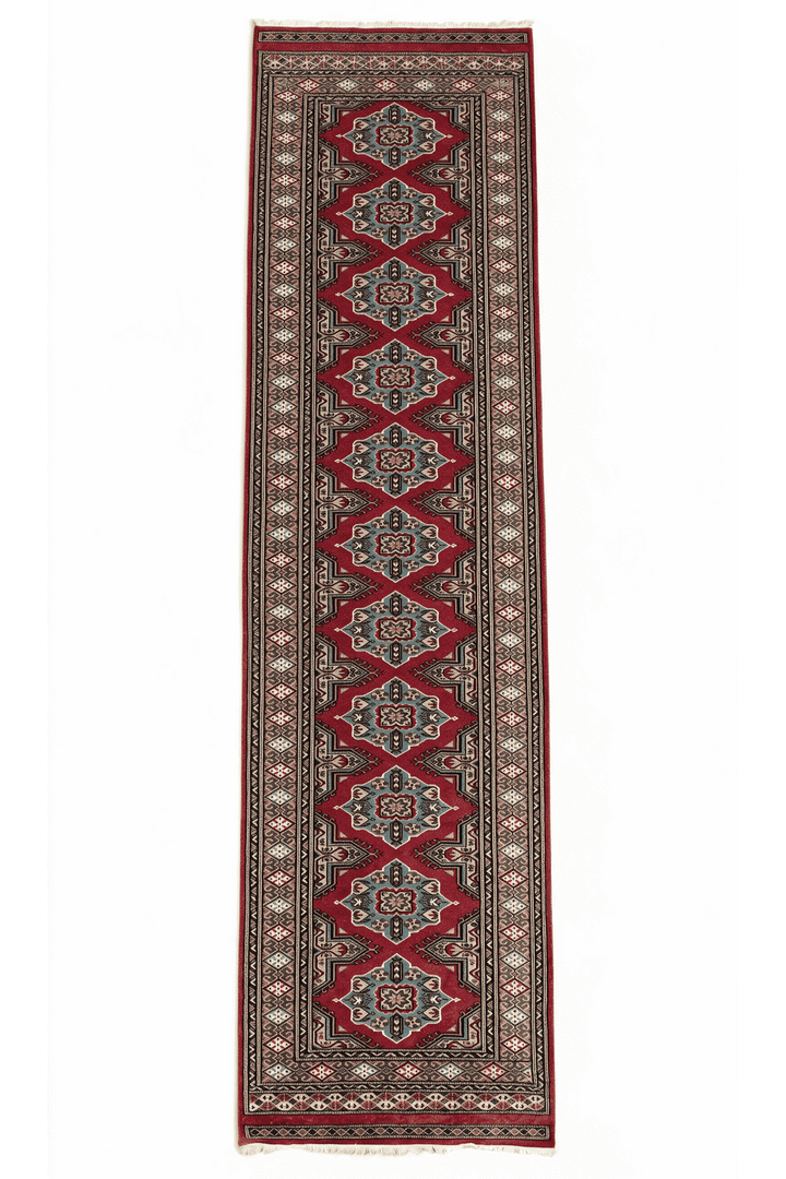 Crimson and sea green Jaldar lozenge runner, 78×296cm