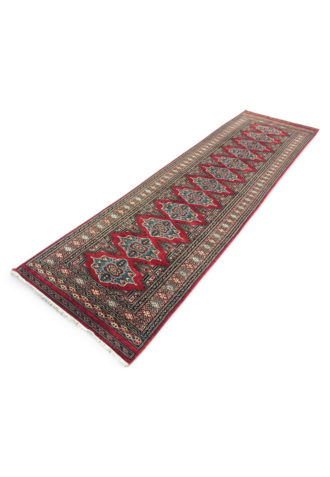Hand-knotted wool pile of crimson Jaldar runner, 78×296cm
