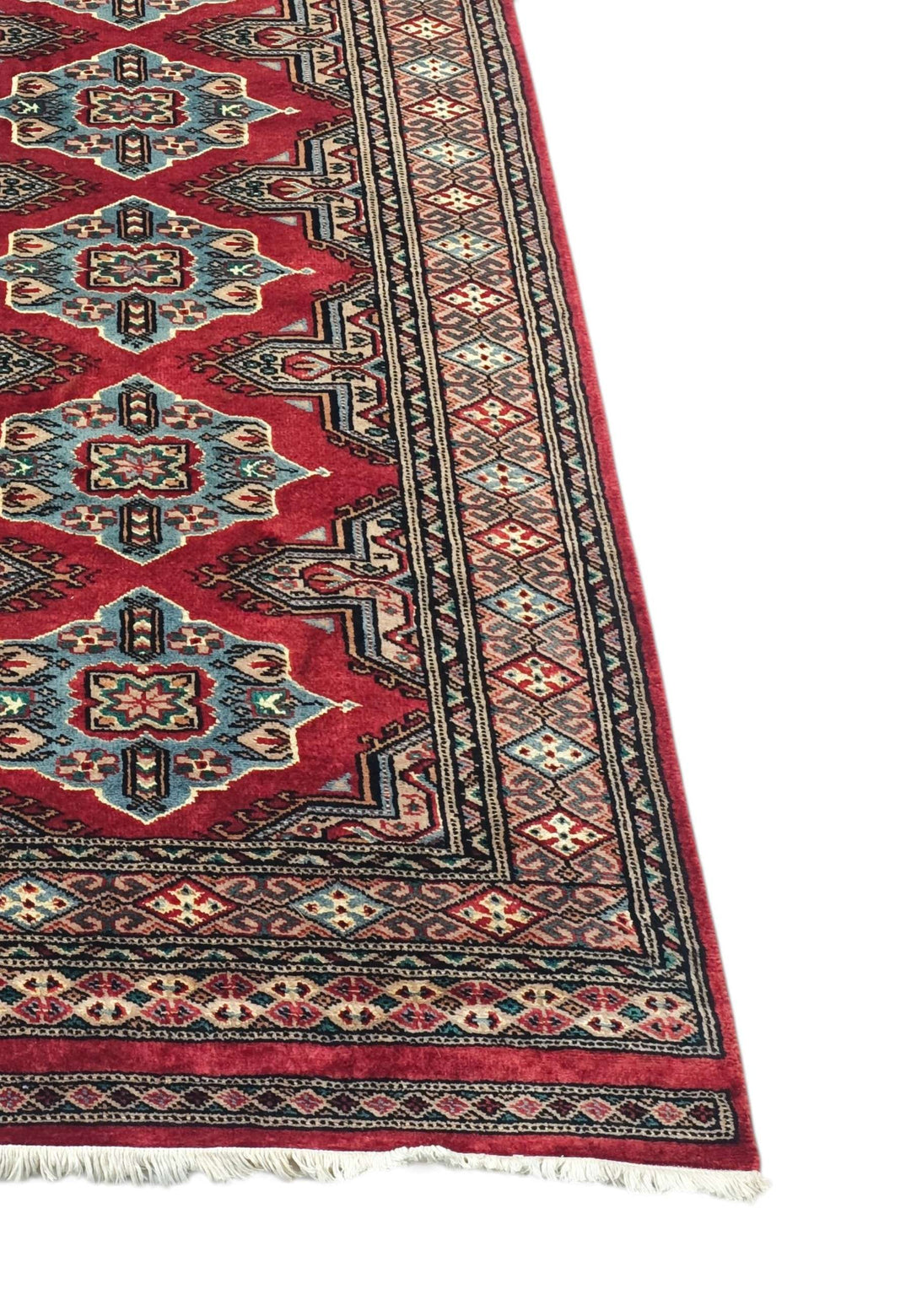 Corner of crimson and sea green Jaldar hand-knotted runner