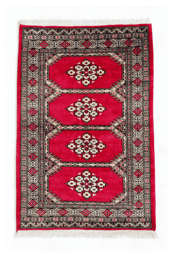 Crimson Pakistani Jaldar Rug, gul design, hand-knotted, 78×119cm