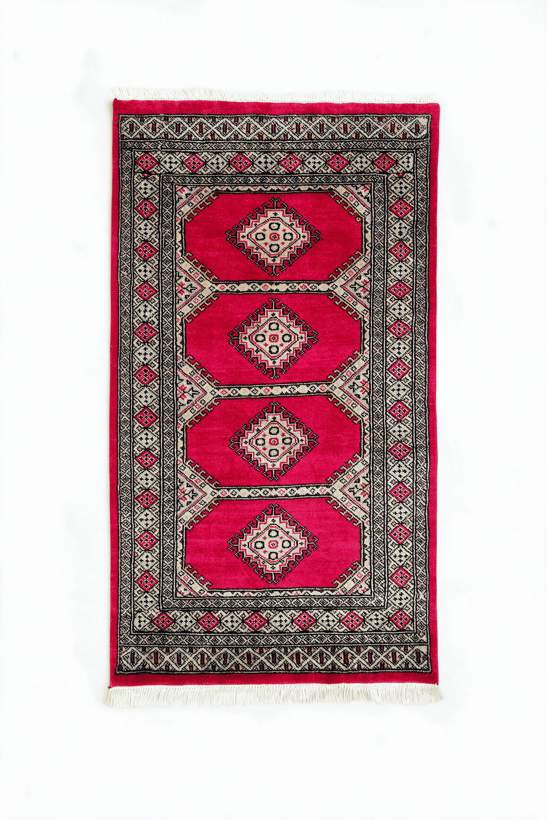Crimson Pakistani Jaldar Rug, gul design, hand-knotted, 79×119cm