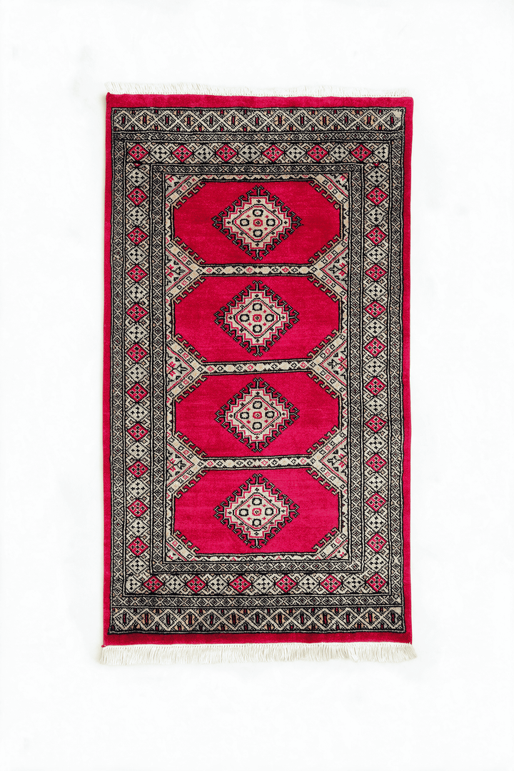 Crimson Pakistani Jaldar Rug, gul design, hand-knotted, 79×119cm