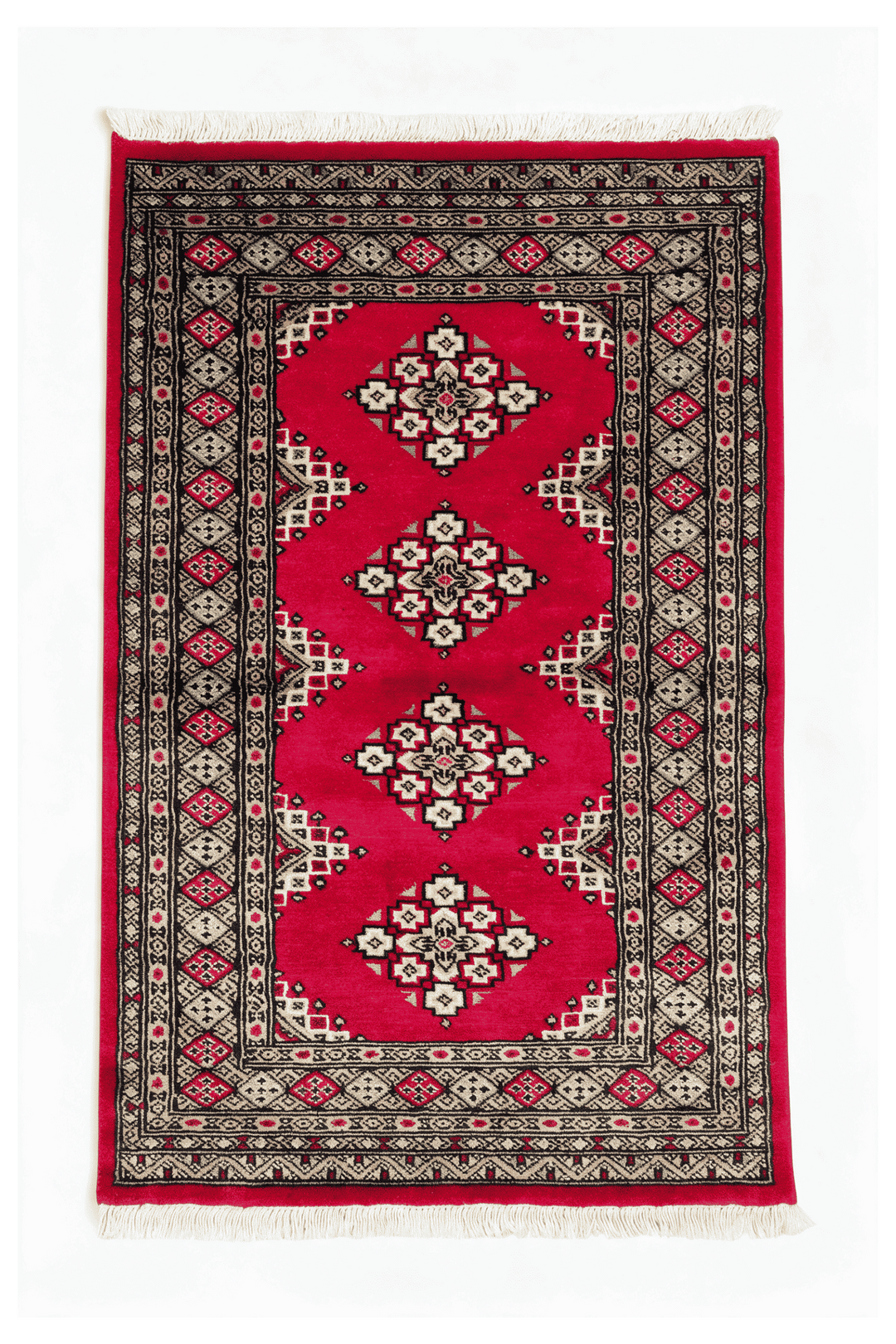 Crimson Pakistani Jaldar Rug, gul design, hand-knotted, 80×126cm