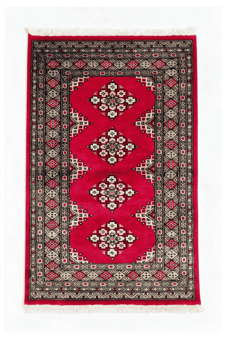 Crimson Pakistani Jaldar Rug, gul design, hand-knotted, 80×126cm