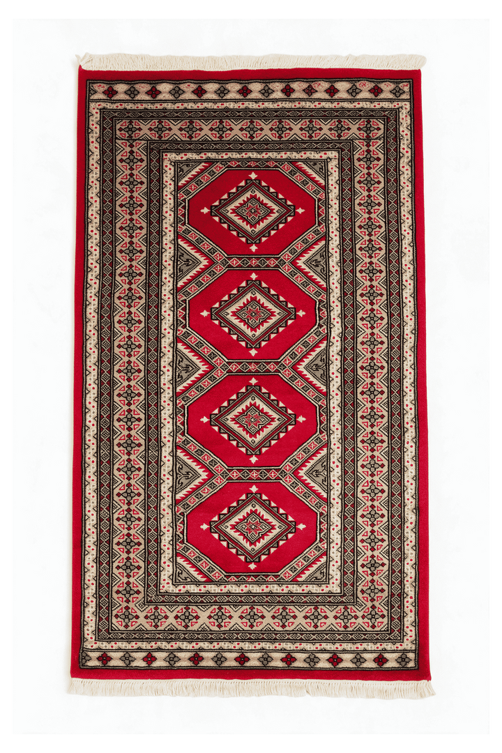 Crimson Pakistani Jaldar Rug, gul design, hand-knotted, 93×148cm