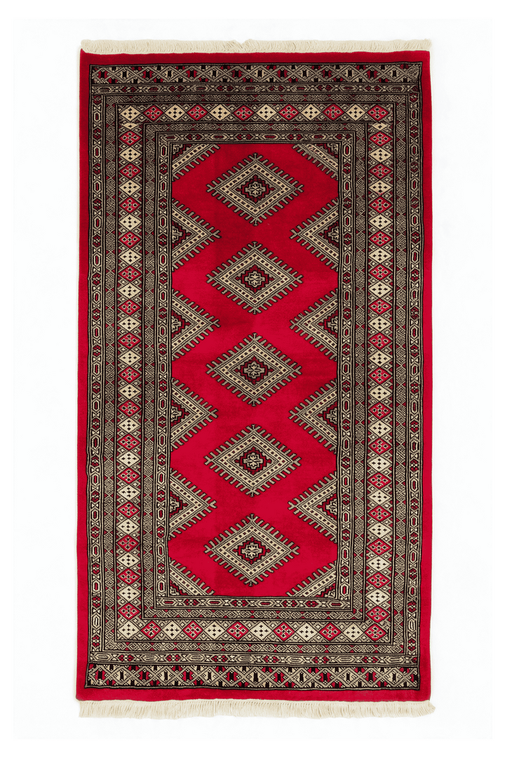 Crimson Pakistani Jaldar Rug, gul design, hand-knotted, 94×158cm