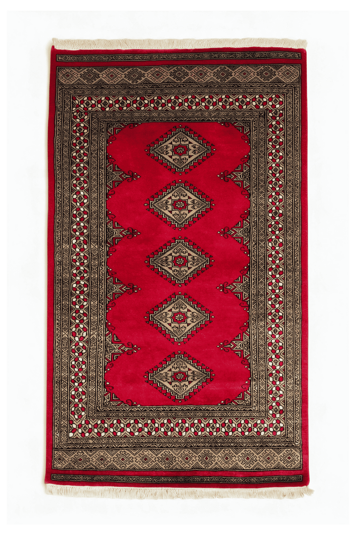 Crimson Pakistani Jaldar Rug, gul design, hand-knotted, 95×163cm