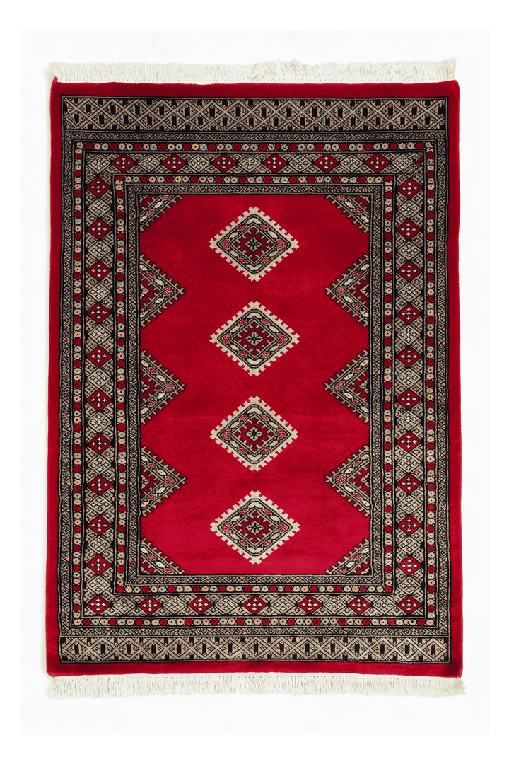 Crimson Pakistani Jaldar Rug, gul design, hand-knotted, 97×148cm