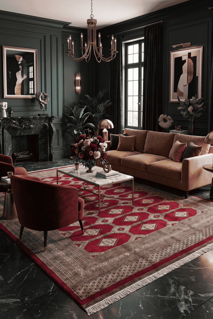 Diamond gül detail in deep red on Pakistani Jaldar rug
