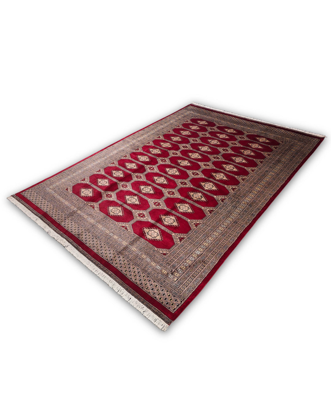 One-of-a-kind deep red diamond gül Pakistani Jaldar rug
