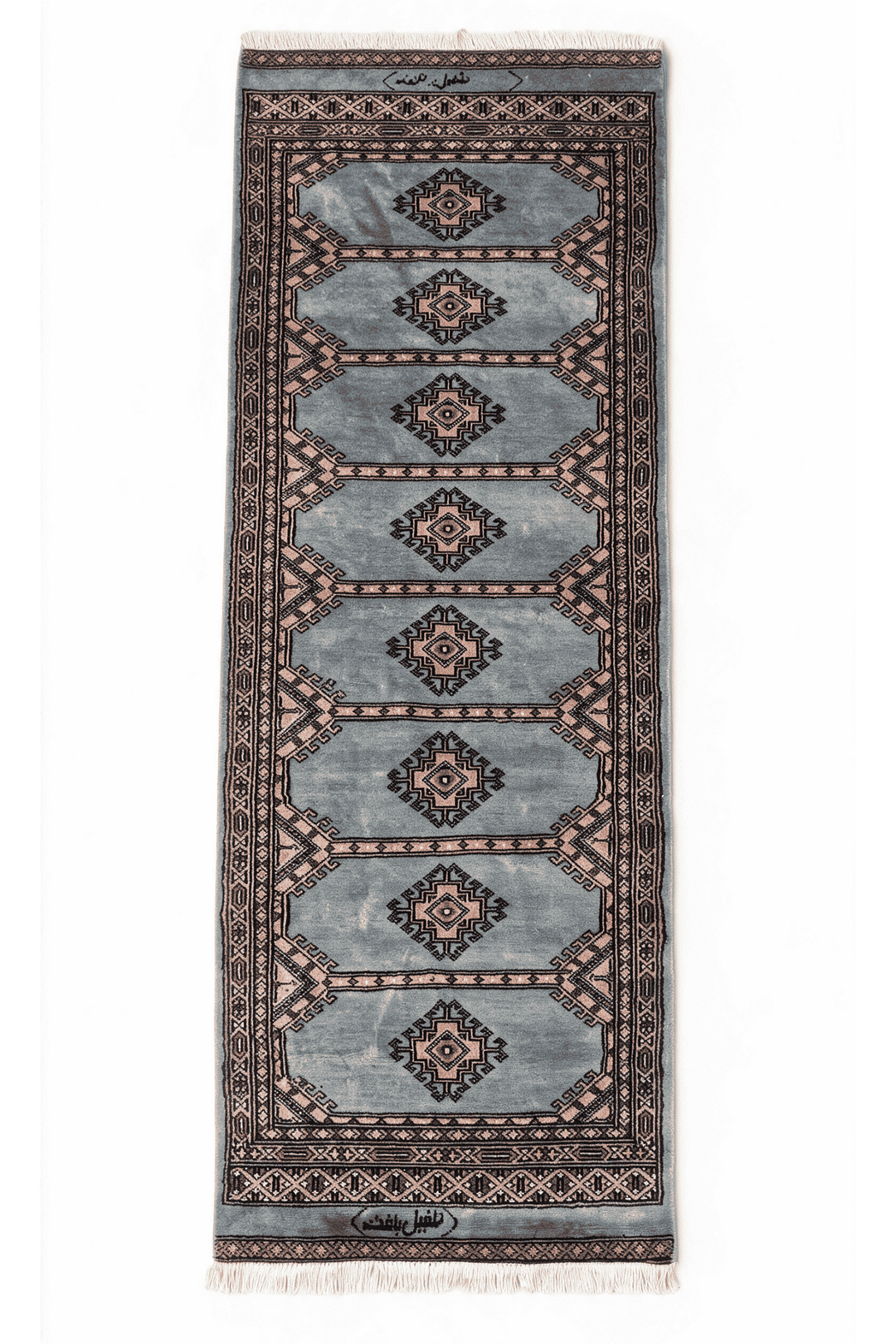 Dusty blue and peach Jaldar diamond medallion rug, 60×148cm, signed