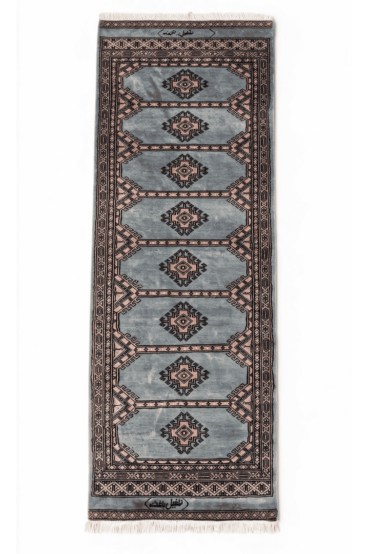 Dusty blue and peach Jaldar diamond medallion rug, 60×148cm, signed