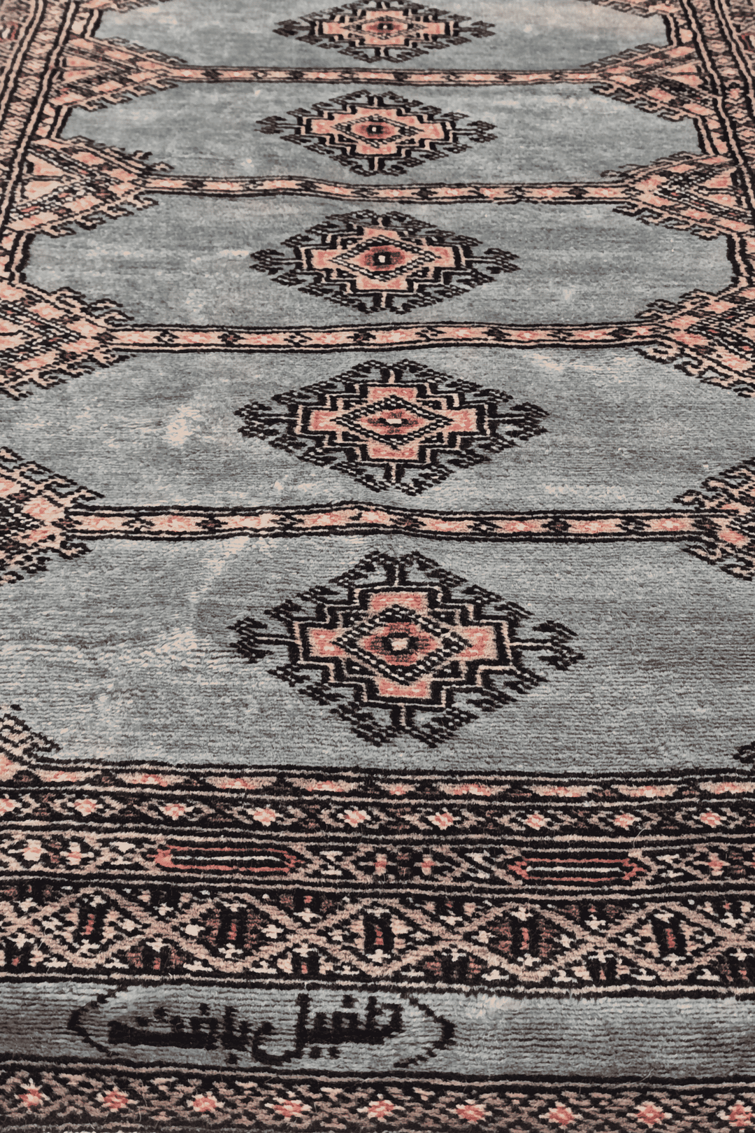 One-of-a-kind signed dusty blue and peach Pakistani Jaldar rug