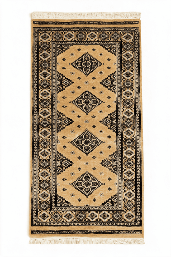 Honey gold and espresso Jaldar diamond medallion rug, 72×120cm
