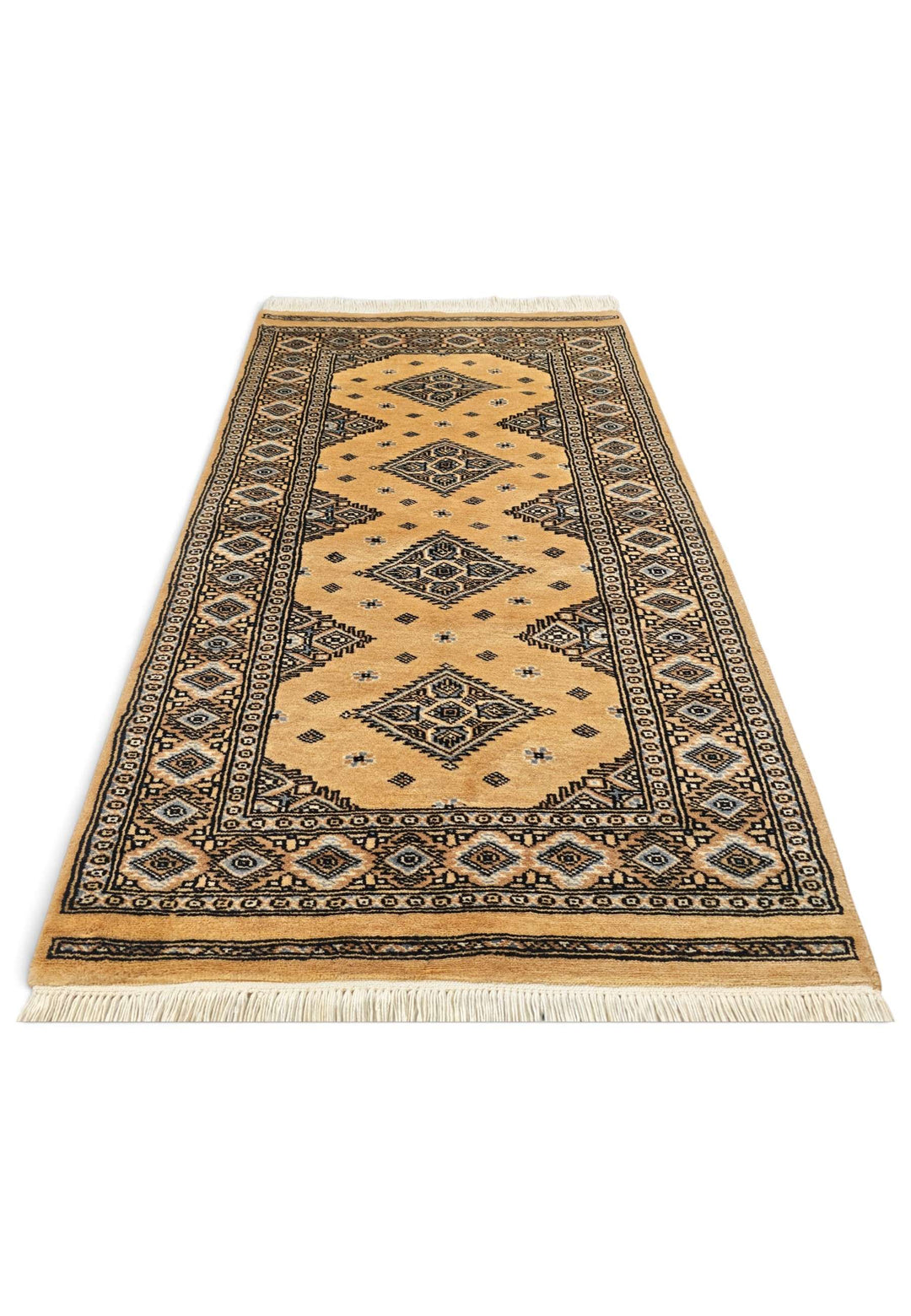 Border detail of honey gold Jaldar hand-knotted Pakistani rug