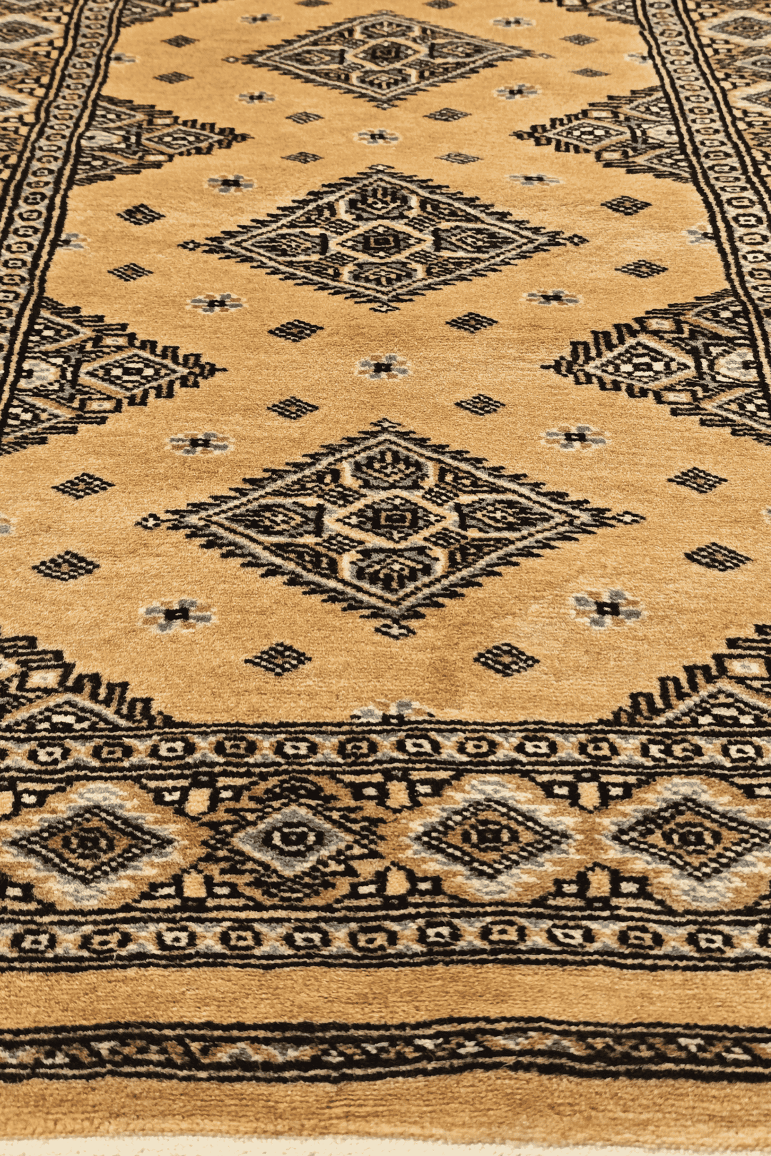 One-of-a-kind honey gold and espresso Pakistani Jaldar rug