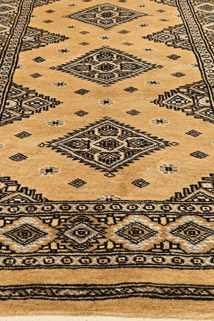 One-of-a-kind honey gold and espresso Pakistani Jaldar rug