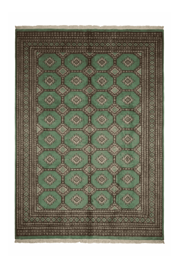 Jade green and cream gül Jaldar rug, 203×231cm, about 3 tatami