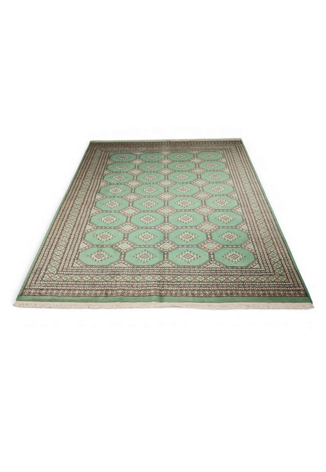 Hand-knotted wool pile of jade green Jaldar rug, 203×231cm