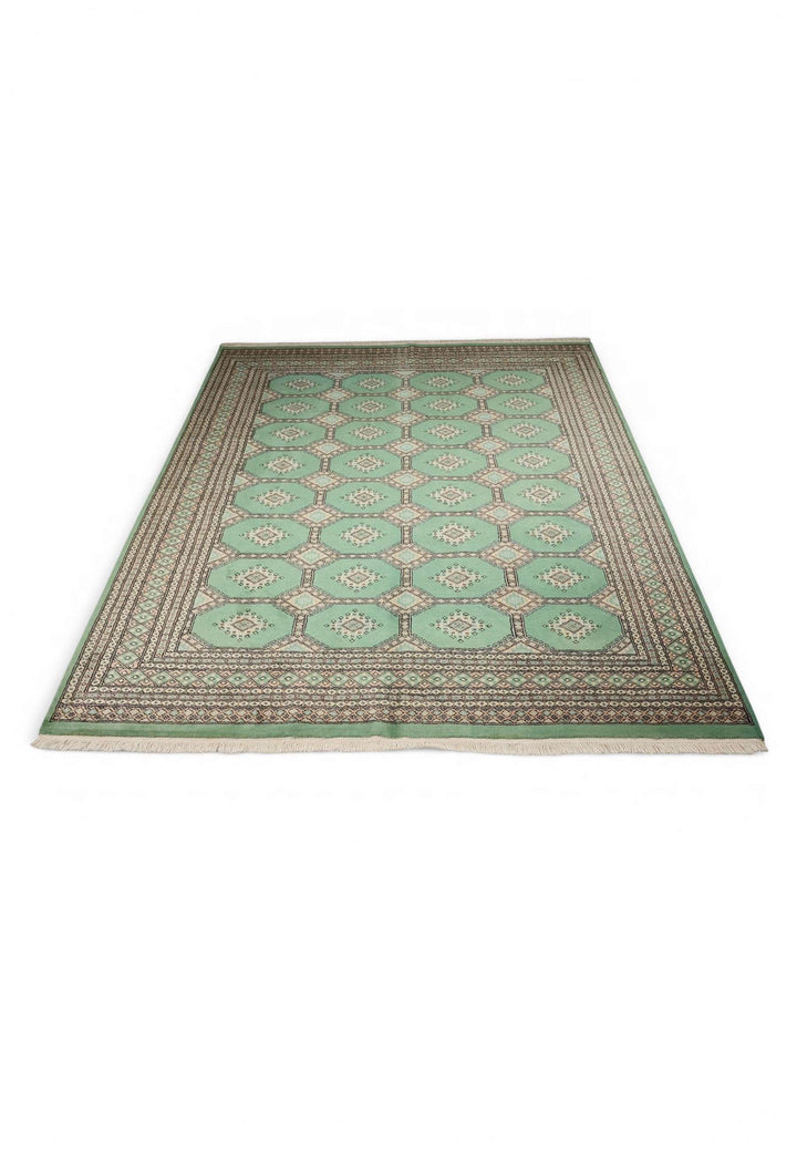 Hand-knotted wool pile of jade green Jaldar rug, 203×231cm