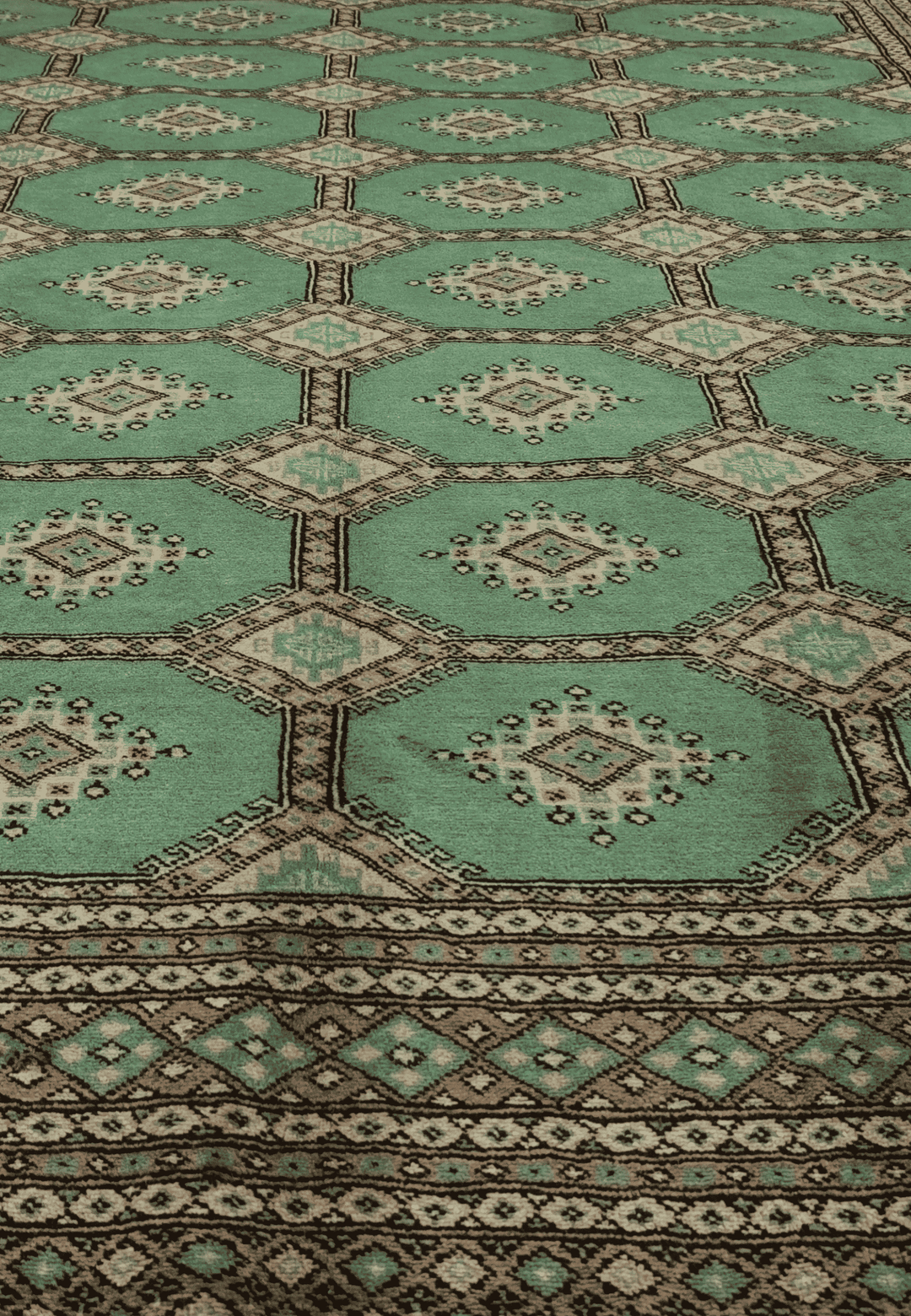 One-of-a-kind jade green and cream Pakistani Jaldar rug