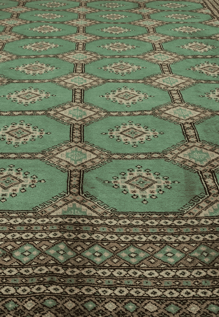 One-of-a-kind jade green and cream Pakistani Jaldar rug