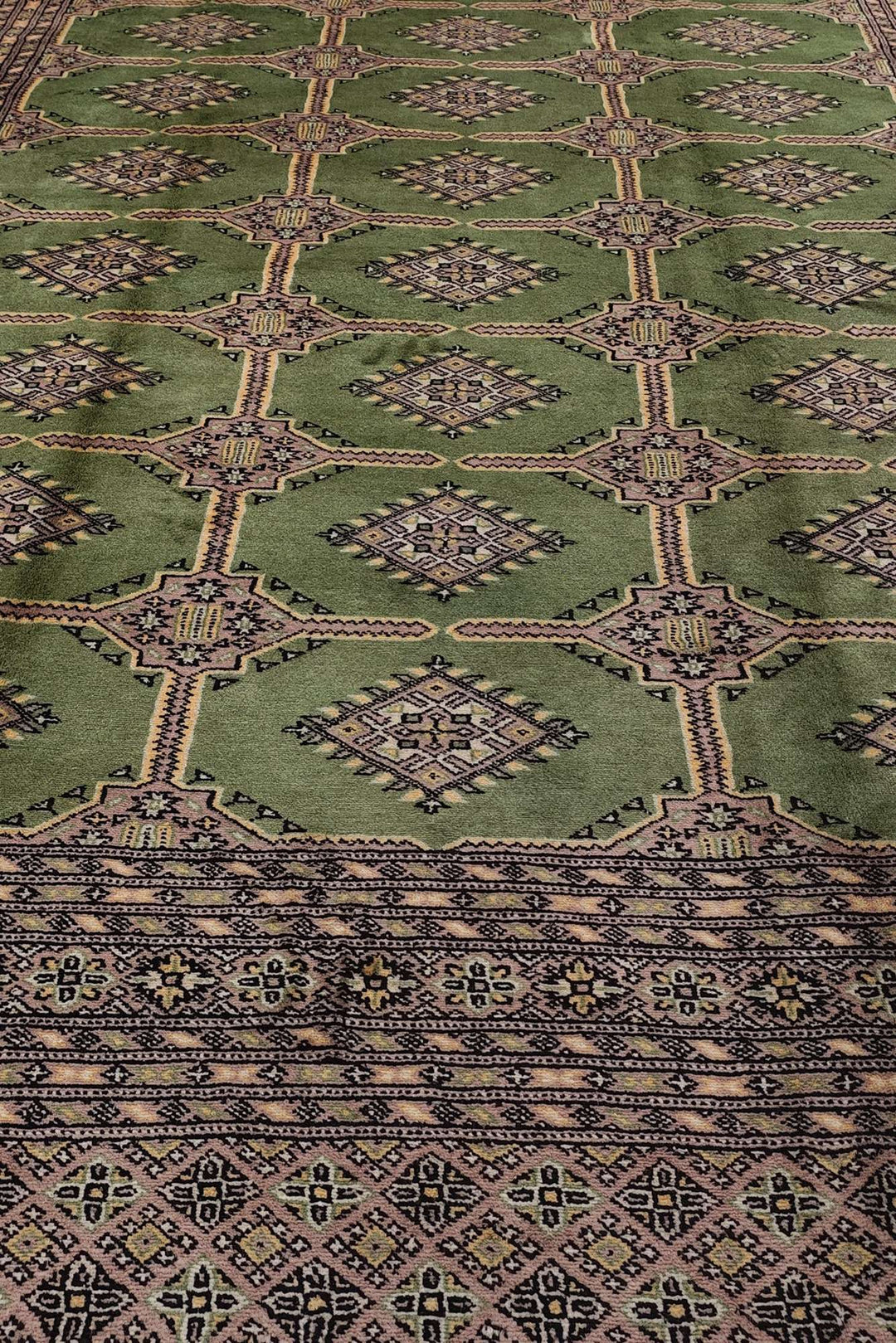 Hand-knotted wool pile of moss green Jaldar rug, 202×306cm