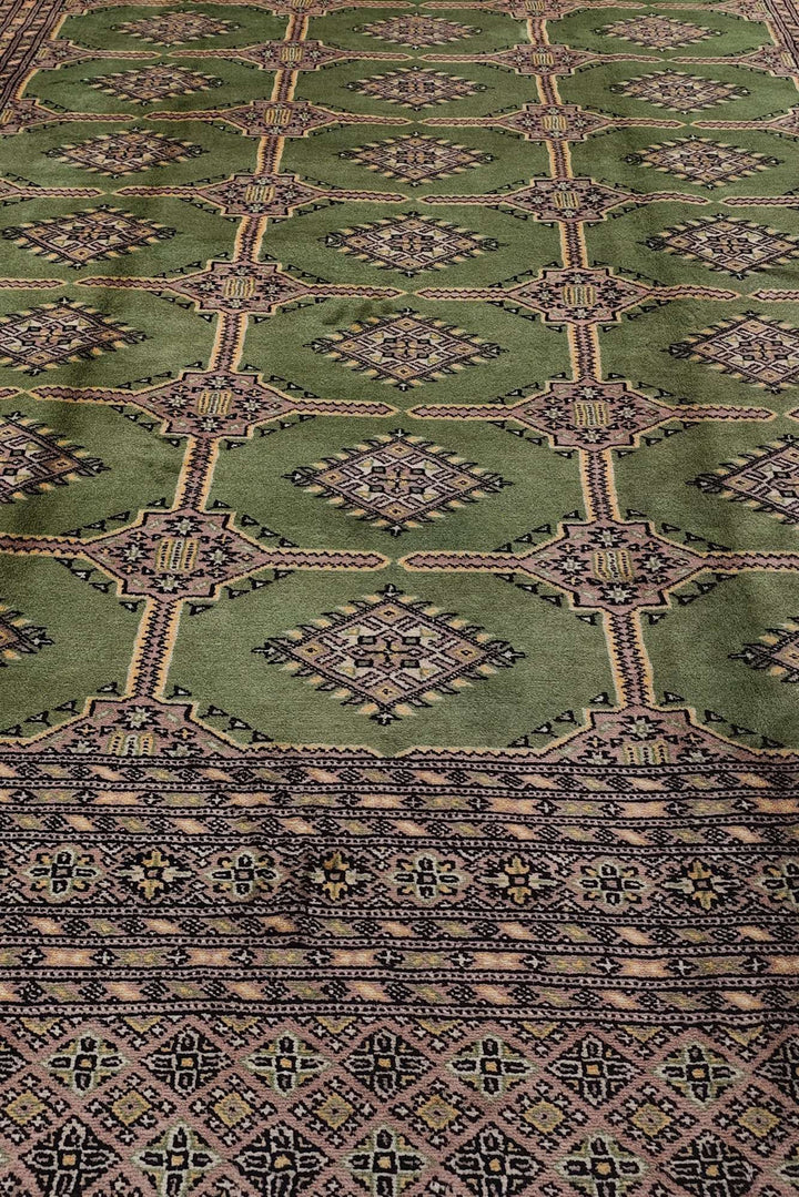 Hand-knotted wool pile of moss green Jaldar rug, 202×306cm