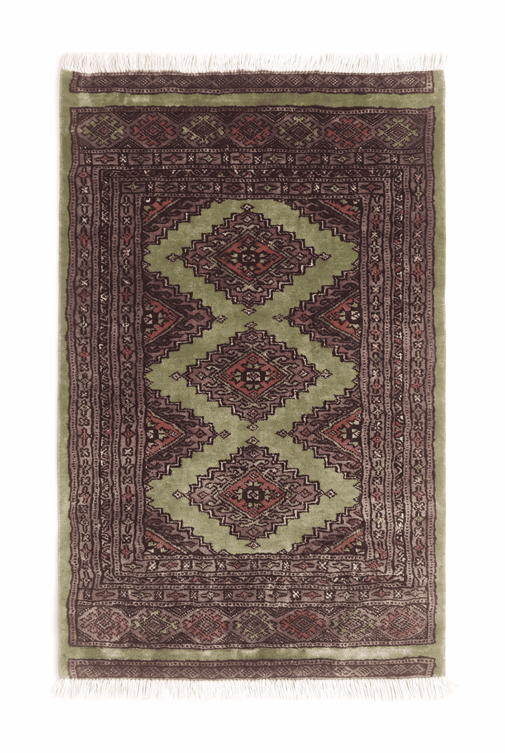 Olive and mauve Jaldar stepped medallion rug, 62×98cm, entrance mat