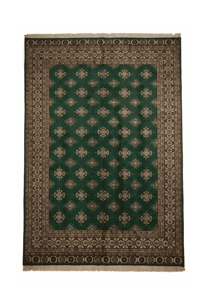 Pine green and cream diamond lattice Jaldar rug, 202×257cm, 3 tatami