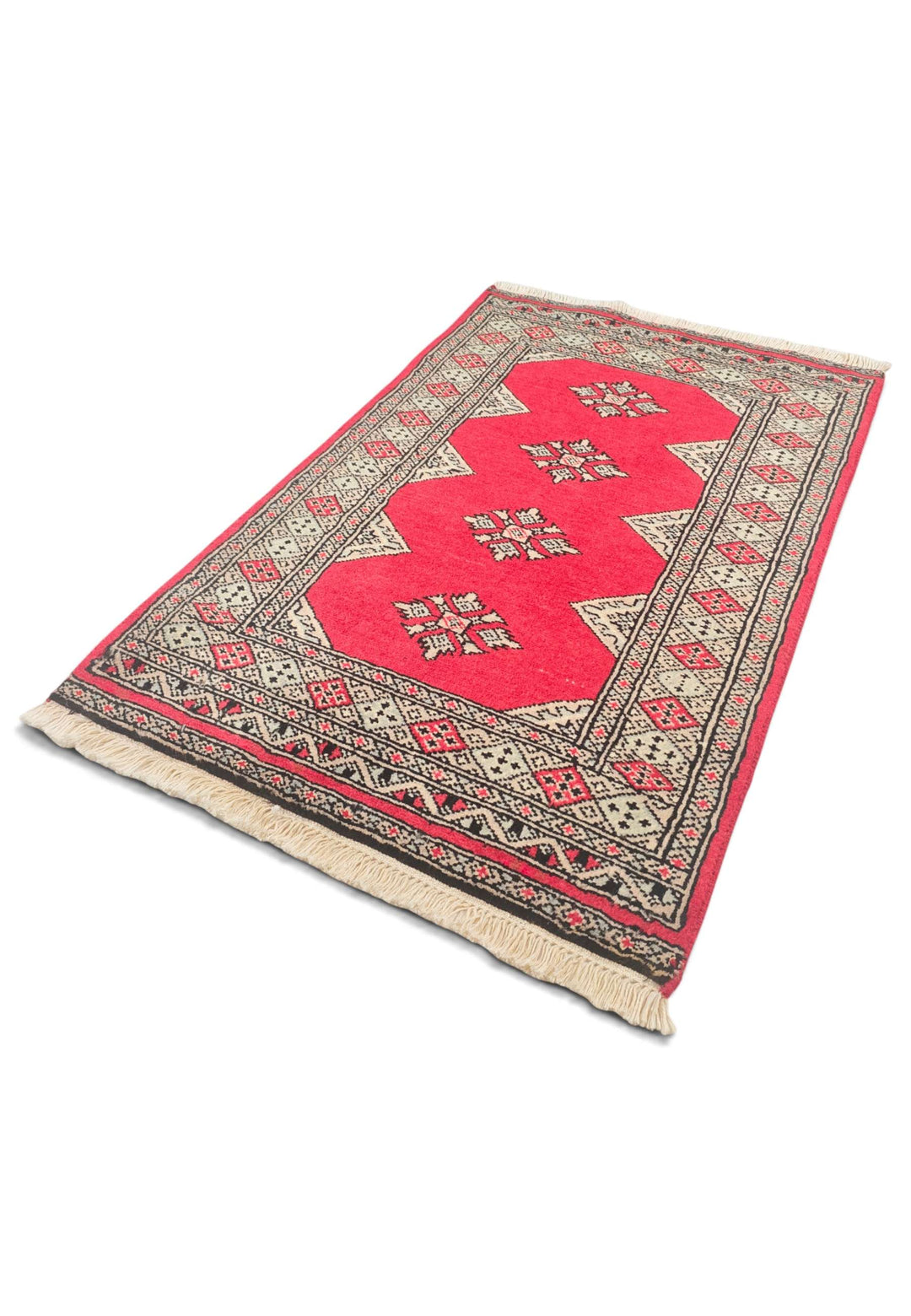 Hand-knotted rose-red Jaldar rug with central medallion