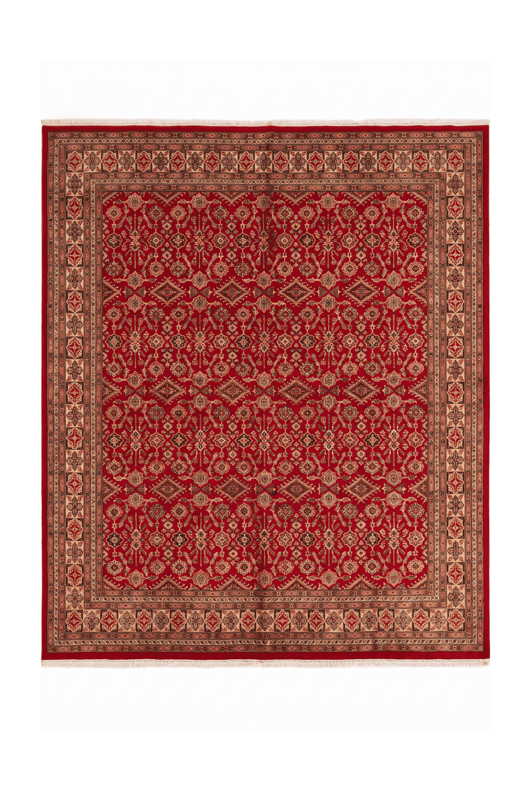 Red polychrome lattice Jaldar square rug, 246×251cm, 4.5 tatami