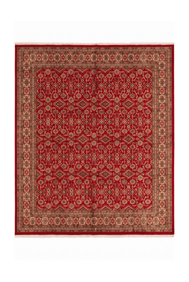 Red polychrome lattice Jaldar square rug, 246×251cm, 4.5 tatami