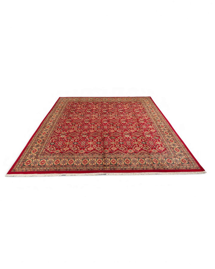 Hand-knotted wool pile of red square Jaldar rug, 246×251cm