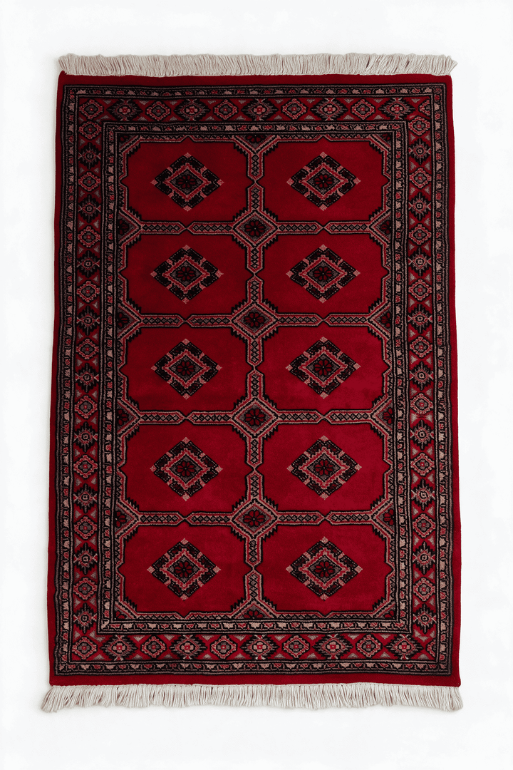 Red Pakistani Jaldar Rug, gul design, hand-knotted, 76×102cm