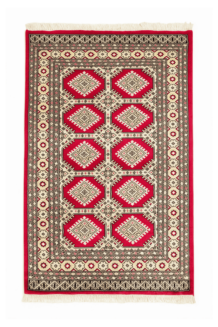 Red Pakistani Jaldar Rug, gul design, hand-knotted, 97×148cm