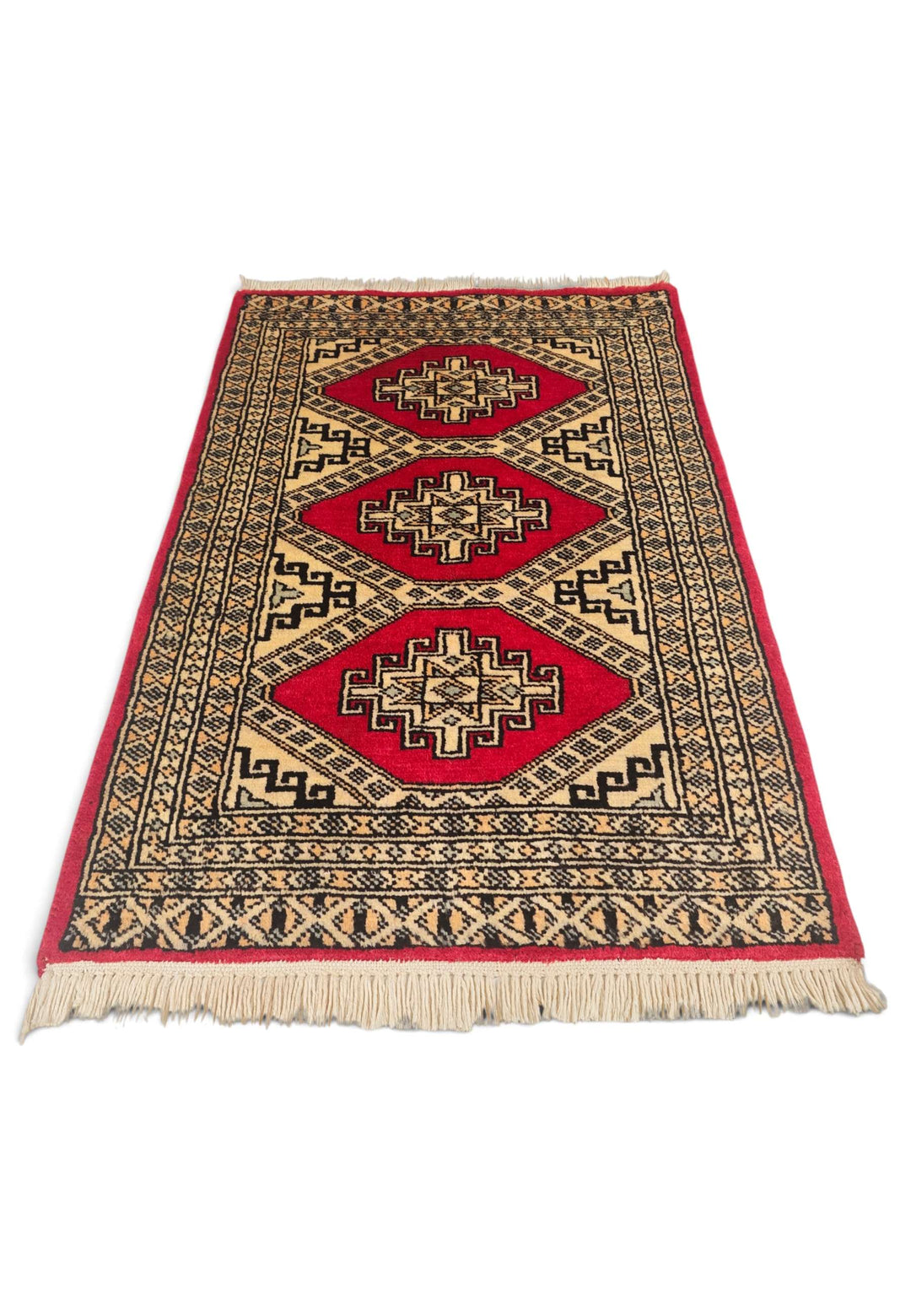 Border detail of red Jaldar hand-knotted Pakistani rug