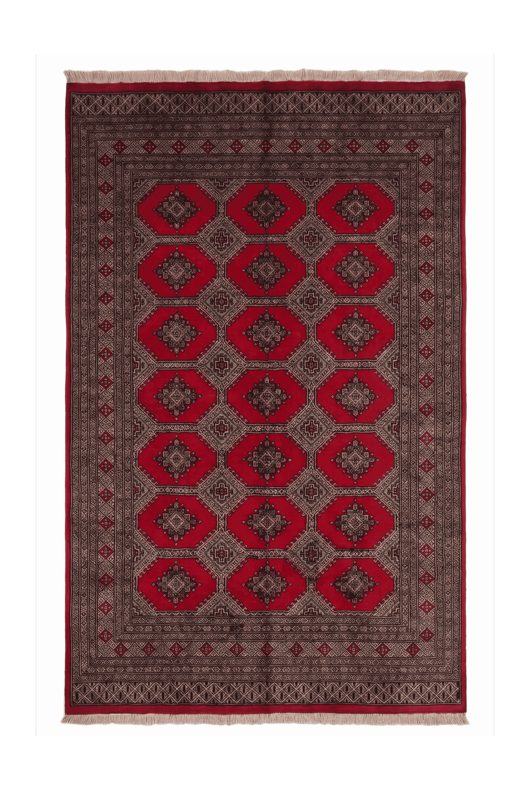 Ruby red and sand Jaldar octagon gül rug, 155×235cm, about 2 tatami