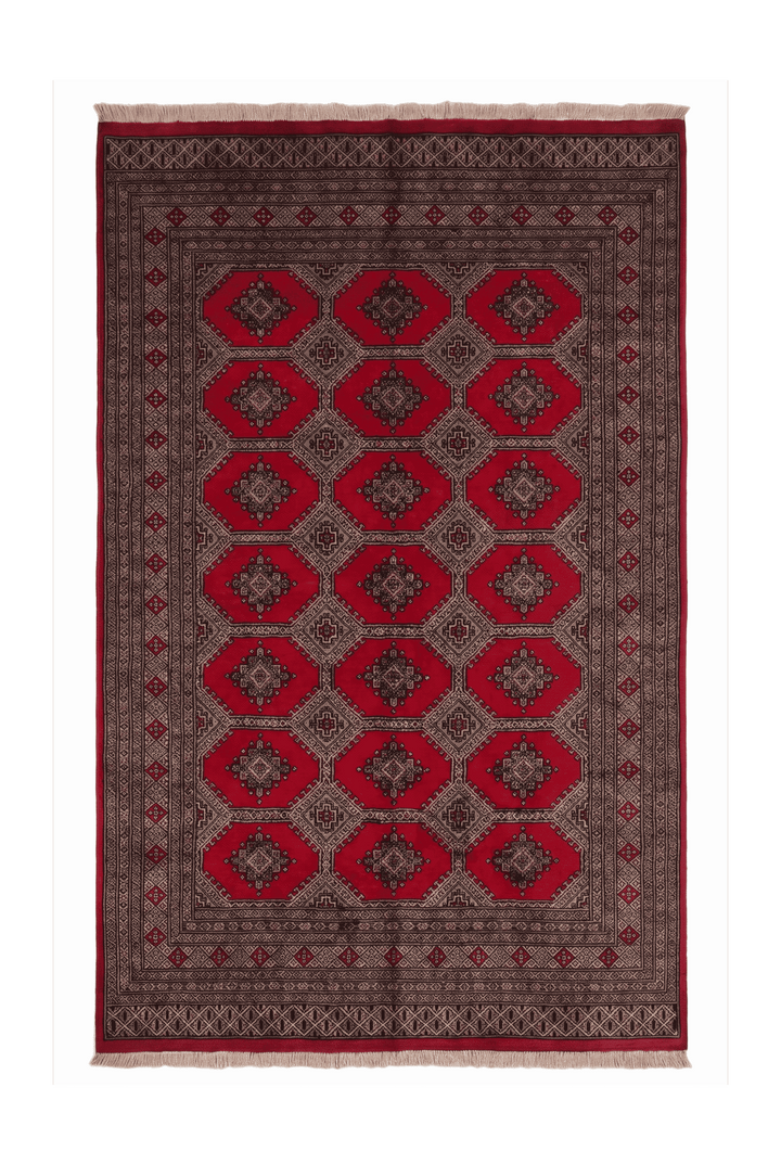 Ruby red and sand Jaldar octagon gül rug, 155×235cm, about 2 tatami