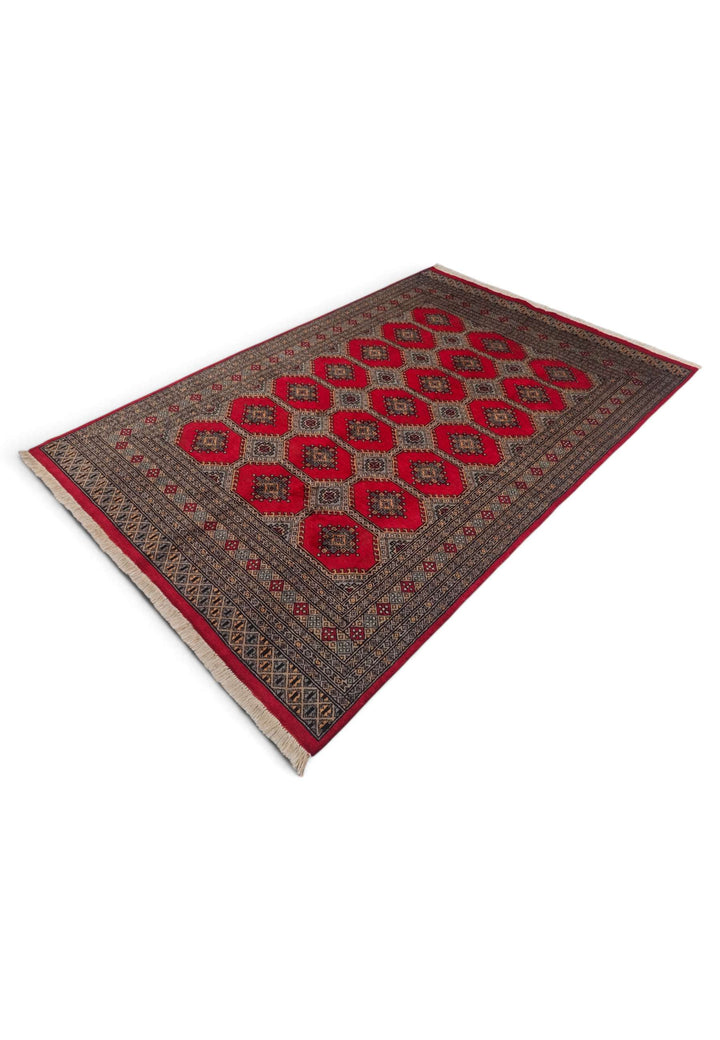 Hand-knotted wool pile of ruby Jaldar rug, 155×235cm