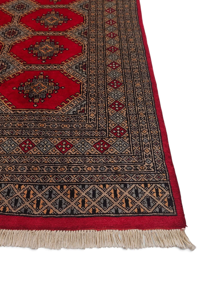 One-of-a-kind ruby red and sand Pakistani Jaldar rug