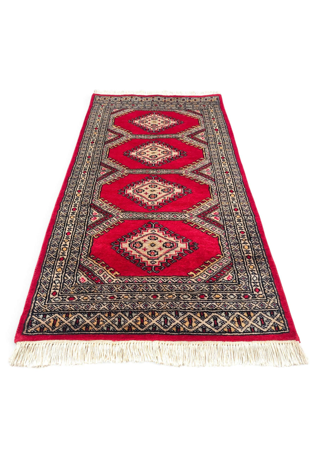 Border detail of ruby red Jaldar hand-knotted Pakistani rug