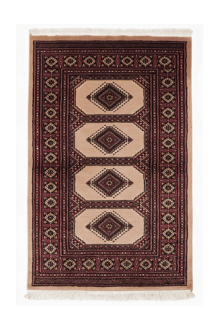 Sand Pakistani Jaldar Rug, gul design, hand-knotted, 81×121cm