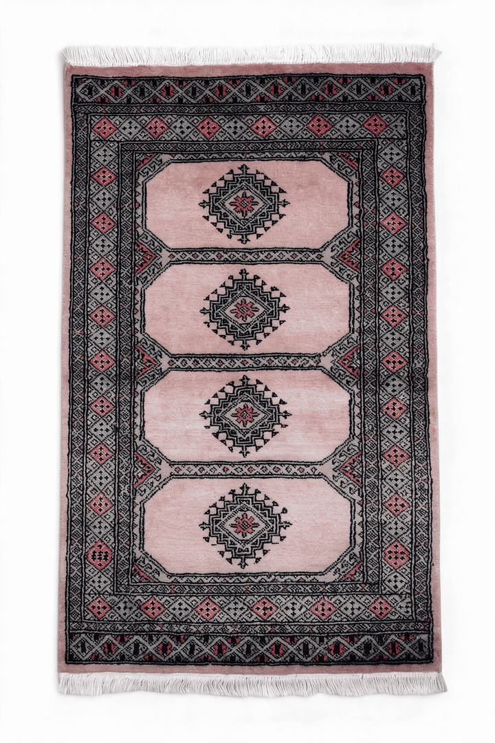 Sandstone Pakistani Jaldar Rug, gul design, hand-knotted, 80×127cm