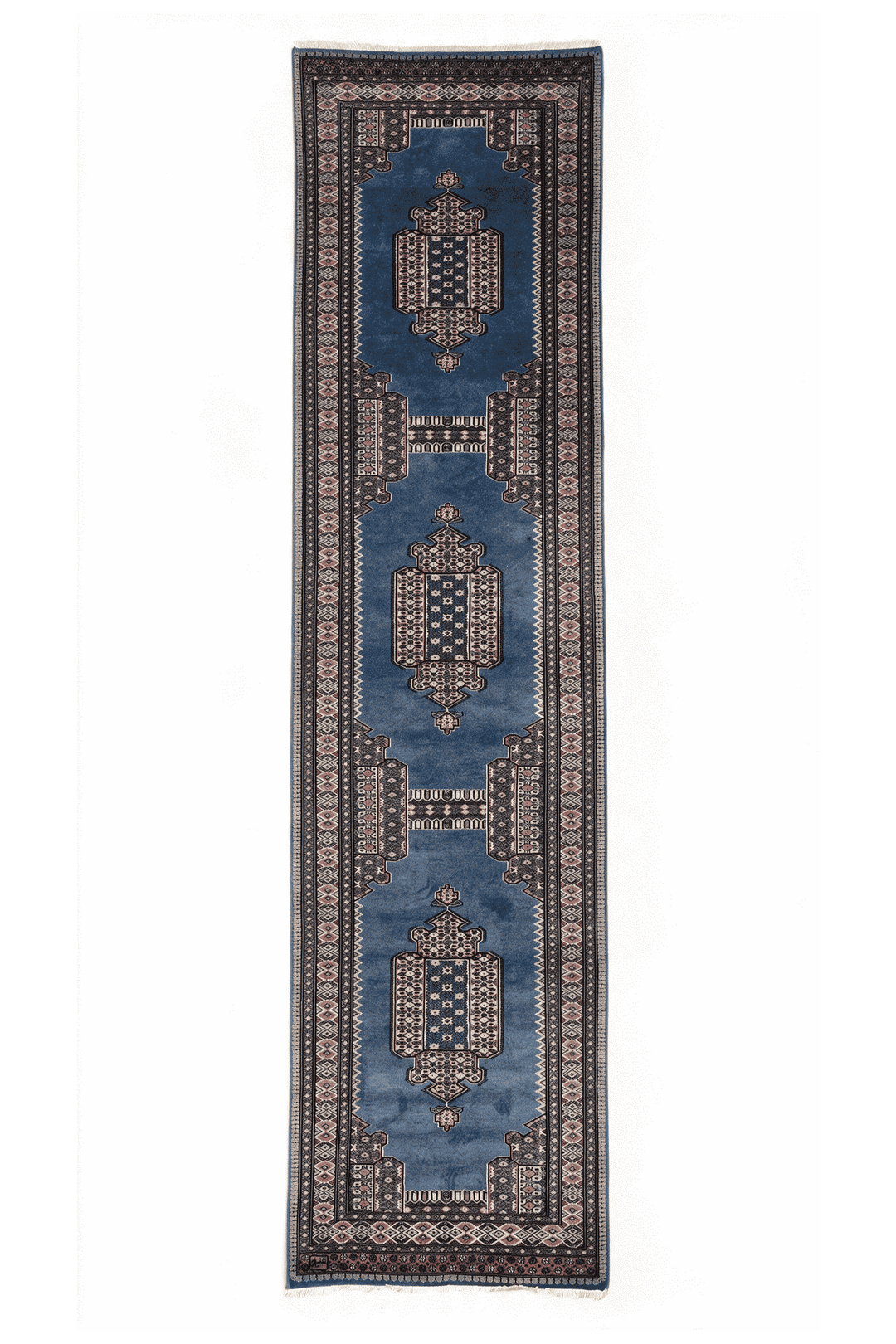 Slate blue and rose Jaldar portal medallion runner, 78×316cm, signed