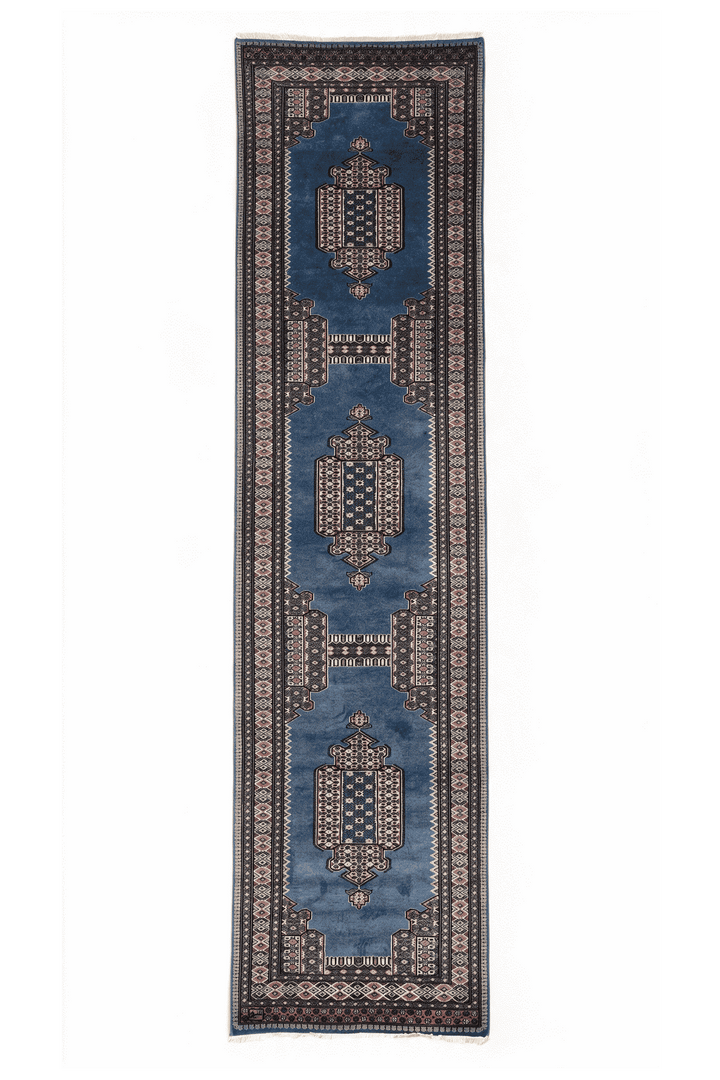 Slate blue and rose Jaldar portal medallion runner, 78×316cm, signed