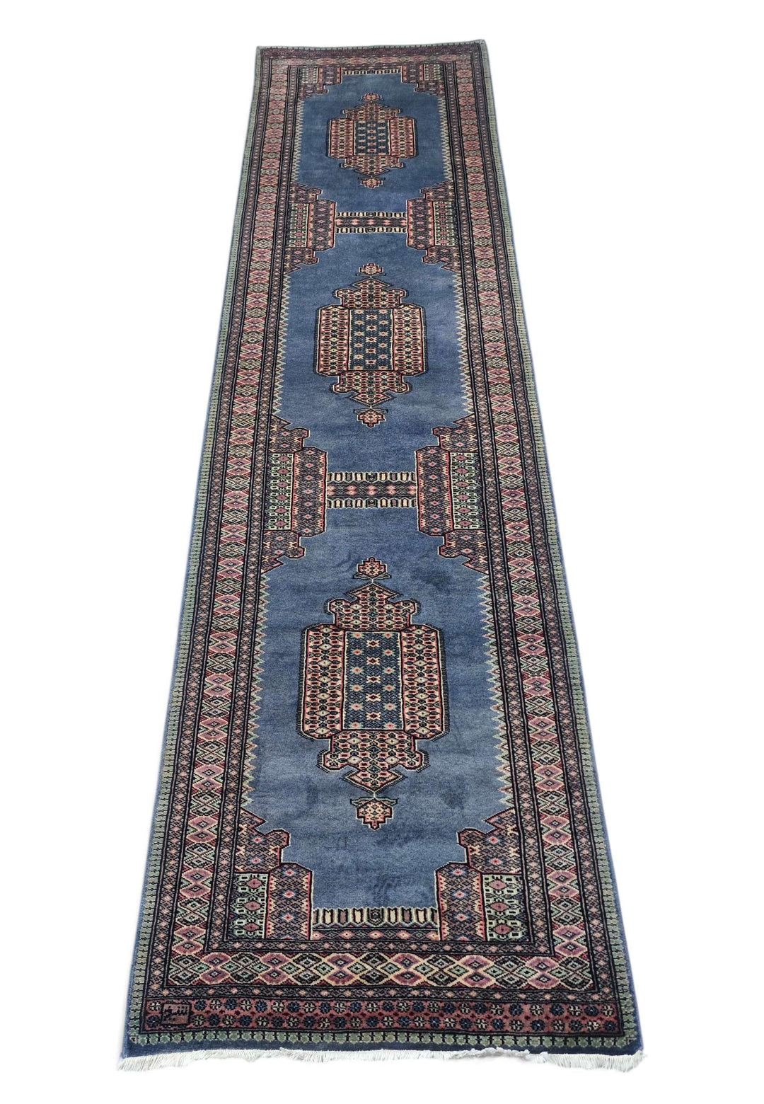 Border detail of slate blue Jaldar hand-knotted runner