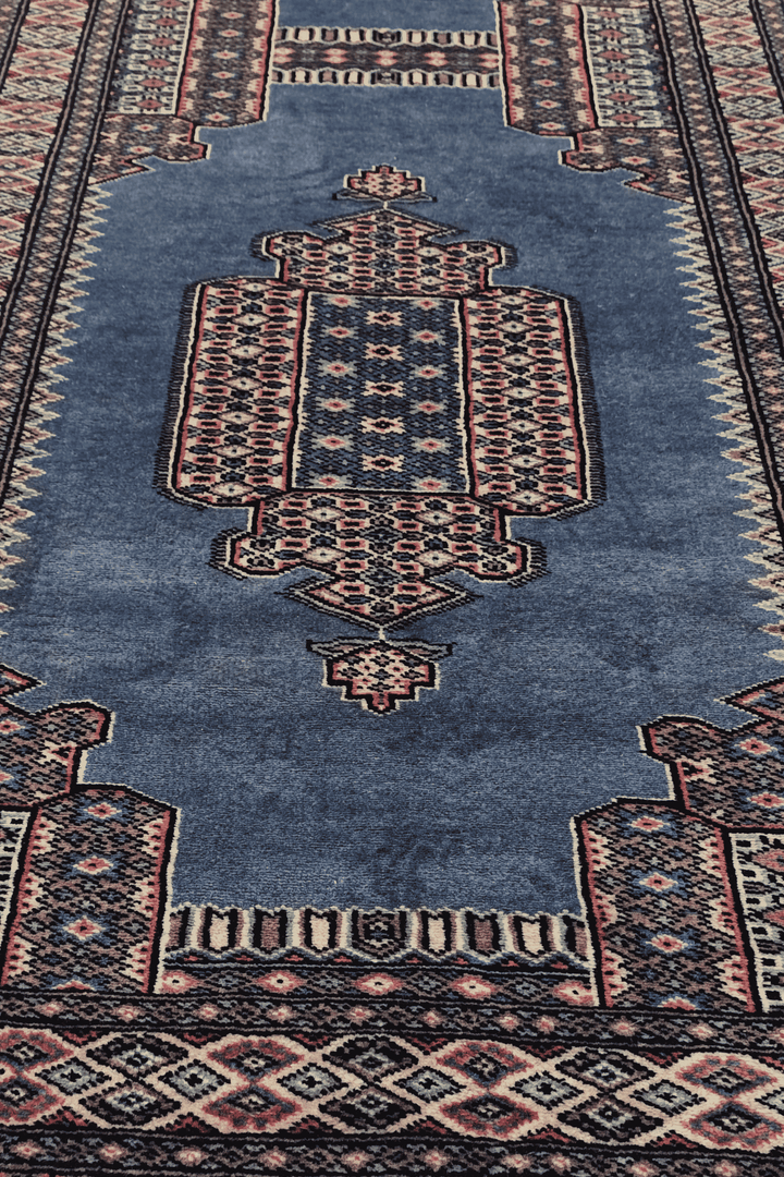 Hand-knotted slate blue Jaldar runner with portal medallions